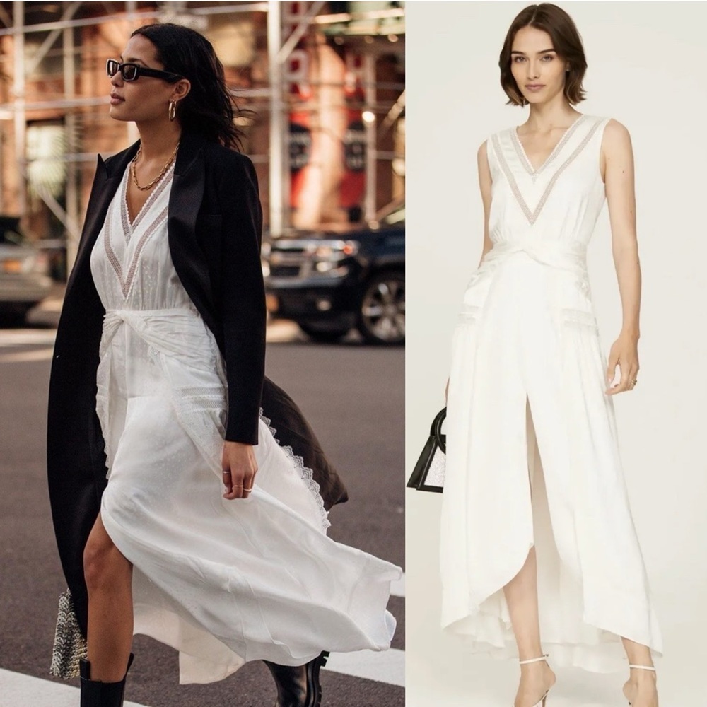 Self Portrait Maxi Long Dress Womens 4 Ivory Lace V Neck Flowy Romantic Wedding